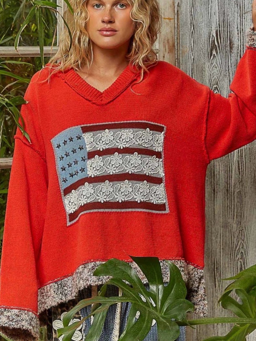 NWOT POL Chenille Red V-Neck Flag Patch Hoodie sweater size Small # 1224